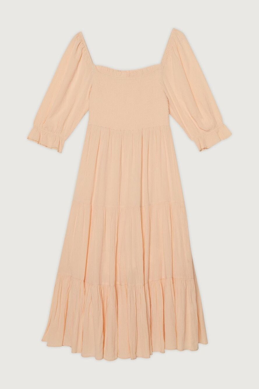 Oak + Fort Smocked Midi Dress in Apricot Large